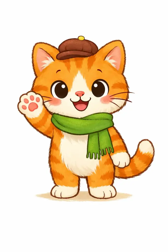 Create a children's cartoon character of a friendly cat wearing a small hat and scarf, standing upright like a human, waving happily, soft fur texture, big eyes, simple lines, warm colors, cute cartoon style suitable for children's books.