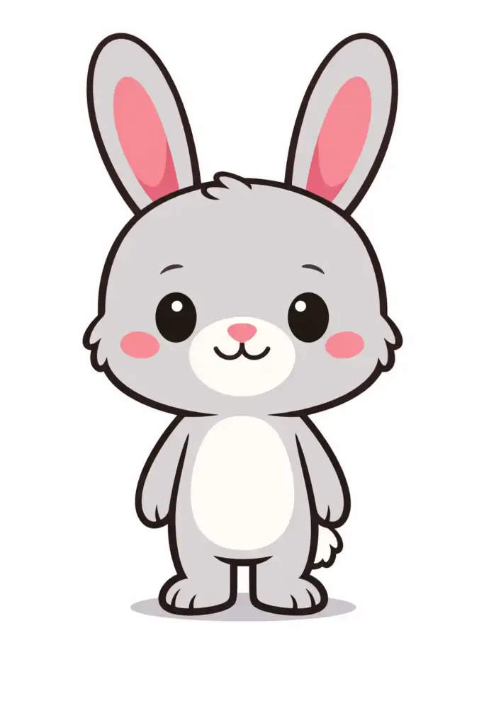 Create a children's cartoon character design of a happy rabbit with a large head and small body, neutral standing pose, arms relaxed, clear front view, clean outlines, flat colors, simple shading, consistent proportions, animation-friendly cartoon style.