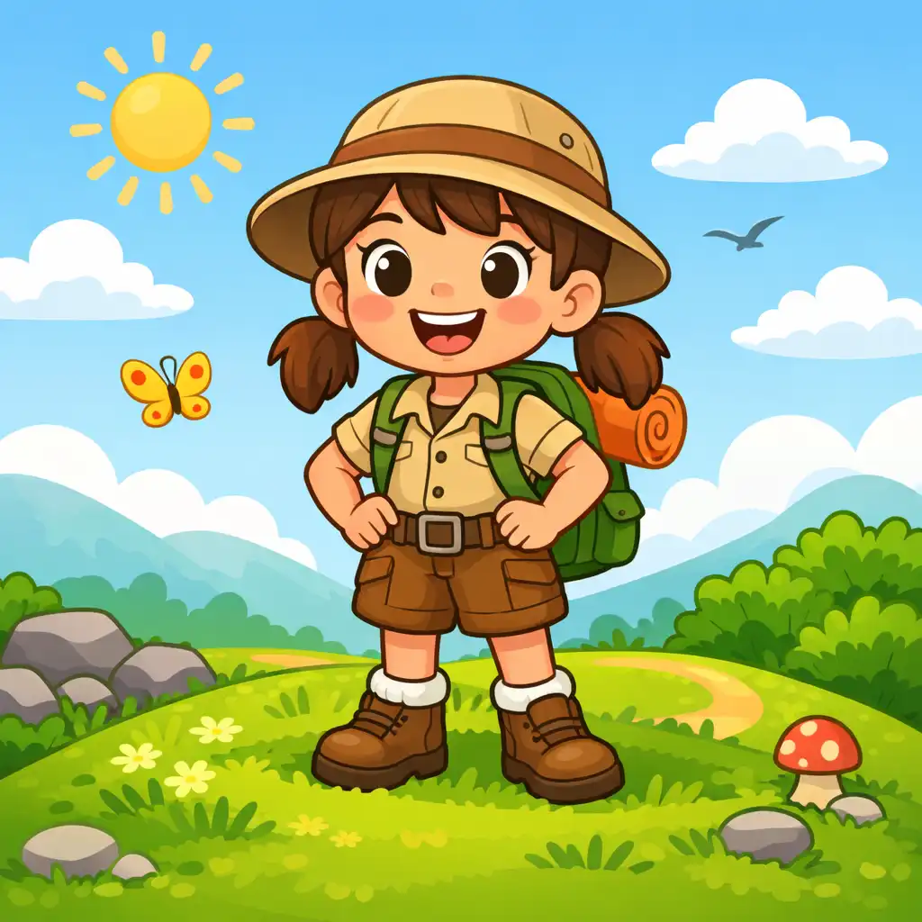 Create a children's cartoon illustration of a young girl explorer with a small backpack and hat, standing confidently on a grassy hill, cheerful expression, bright colors, simple environment, soft outlines, playful adventure cartoon style suitable for children ages 5–8.