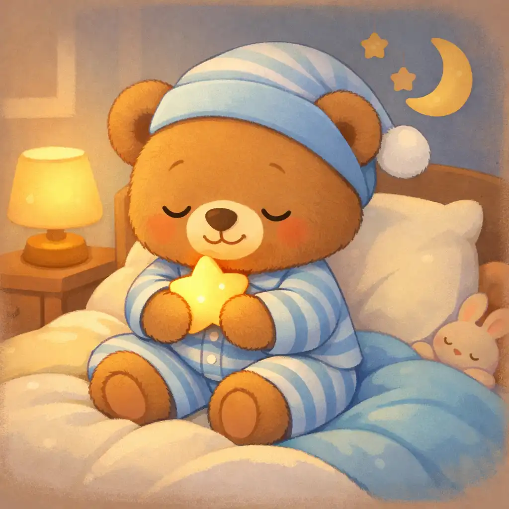 Create a gentle children's cartoon illustration of a sleepy teddy bear wearing pajamas, sitting on a bed and holding a small star, soft pastel colors, rounded shapes, minimal details, warm night lighting, peaceful facial expression, simple bedroom background, soothing cartoon style for bedtime stories.