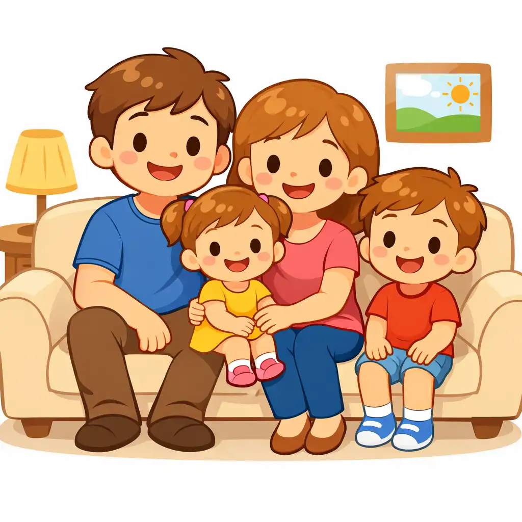 Create a children's cartoon illustration of a happy family sitting together on a sofa, smiling faces, simple body proportions, soft lighting, warm colors, minimal background details, friendly storybook cartoon style for young children.