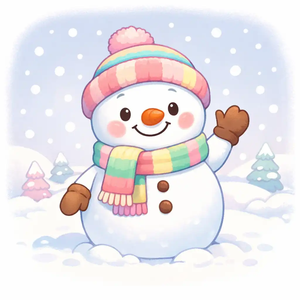 Create a children's cartoon illustration of a cheerful snowman wearing a colorful scarf and hat, smiling and waving, soft rounded body, pastel winter colors, simple snowy background, friendly holiday cartoon style for kids.