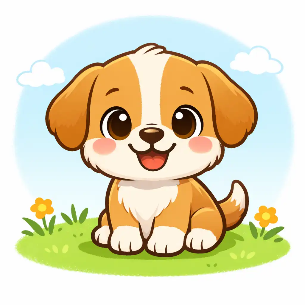Create a children's cartoon character of a small puppy showing a happy emotion, big expressive eyes, gentle smile, rounded face, soft colors, simple background, clear emotional expression, cartoon style designed for early childhood learning.