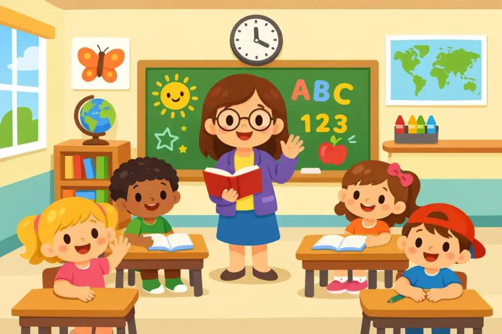 Create a children's cartoon scene of a friendly teacher standing in a classroom with smiling students, simplified furniture, bright chalkboard, rounded character designs, colorful clothes, minimal detail, educational cartoon style for children.