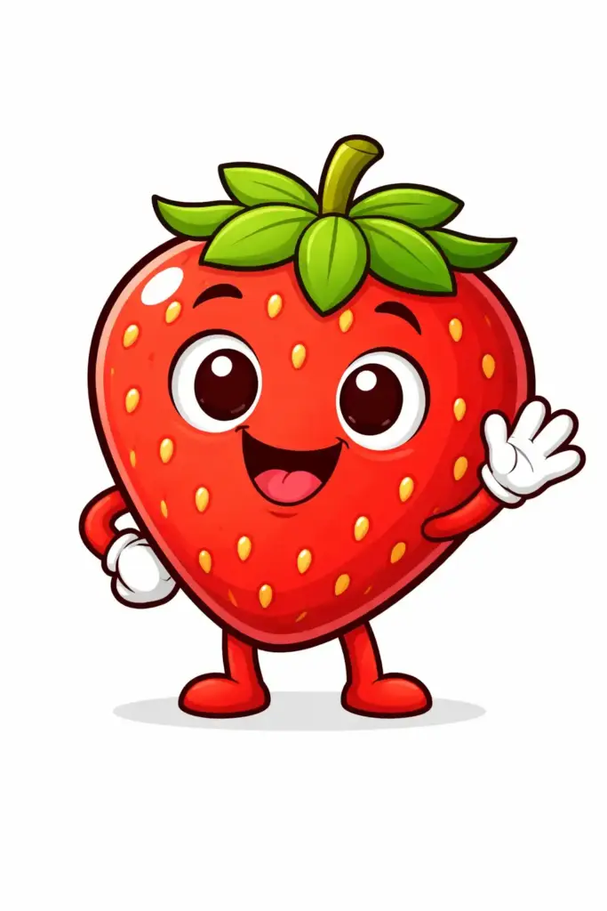 Create a children's cartoon character of a smiling strawberry with eyes and arms, bright red color, simple shape, bold outlines, flat cartoon style, clean background, playful and friendly look for kids.