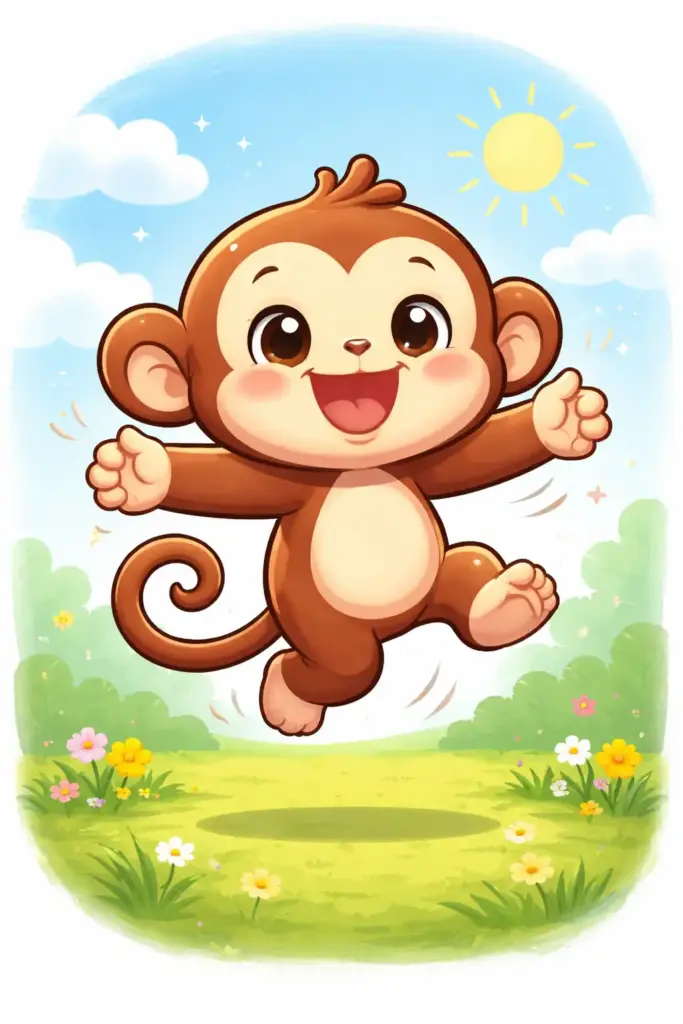 Create a children's cartoon illustration of a happy monkey jumping lightly in the air, playful pose, big smile, rounded limbs, bright colors, soft motion feel, simple background, fun cartoon style for kids.
