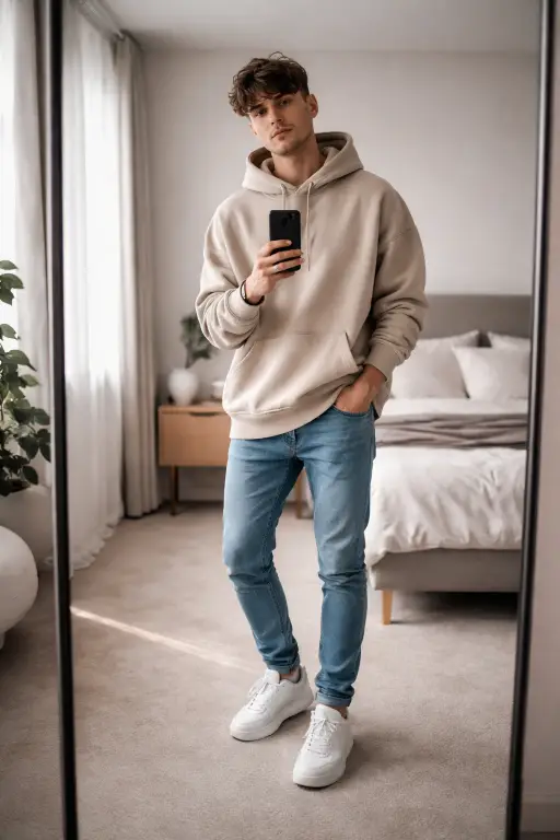 Create a stylish mirror photo of a young adult man standing in a modern bedroom, holding a smartphone at chest level with a relaxed grip, slight head tilt, confident but casual posture, wearing an oversized neutral-tone hoodie, slim fit jeans, clean white sneakers, minimal accessories, soft natural daylight entering from a side window, tidy aesthetic room with muted colors, shallow depth of field, realistic mirror reflection, sharp focus on the subject, high-end Instagram photography style. Use aspect ratio 4:5.