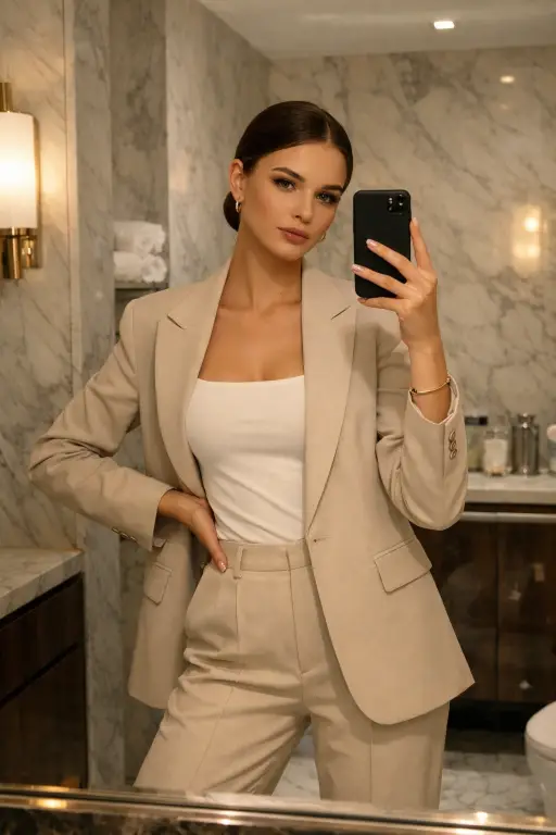 Create a high-end mirror selfie of a young adult woman in a luxury bathroom with marble walls, standing at a slight angle to the mirror, one hand resting on the hip while the other holds the phone, elegant confident posture, wearing a tailored blazer over a fitted top, straight-cut trousers, minimal jewelry, sleek hairstyle, warm ambient lighting with soft highlights, editorial fashion mood, realistic reflection without distortion, premium Instagram aesthetic. Use aspect ratio 4:5.