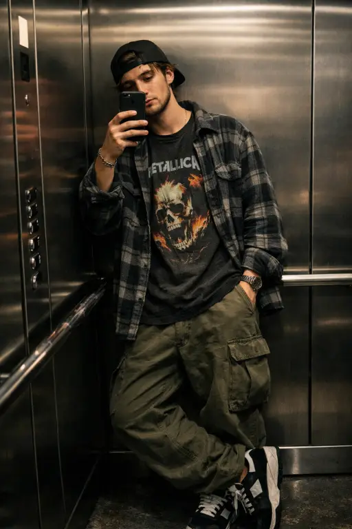 Create a casual street-style mirror photo of a young adult man inside a metallic elevator, leaning lightly against the wall with relaxed shoulders, phone held near the face, effortless posture, wearing a graphic t-shirt layered with an open flannel shirt, relaxed-fit cargo pants, sneakers, urban fashion vibe, soft artificial lighting reflecting off metal surfaces, cinematic shadows, moody tones, high realism, trendy Instagram look. Use aspect ratio 4:5.