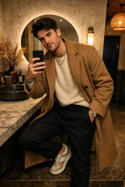 Create a fashion-forward mirror selfie of a young adult man in a modern café restroom, slightly leaning toward the mirror with confident posture, phone held casually, wearing a long coat layered over a knit sweater, tailored pants, stylish sneakers, subtle accessories, warm indoor lighting with soft shadows, aesthetic background elements, premium lifestyle Instagram vibe, ultra-realistic details, professional photography look. Use aspect ratio 4:5.