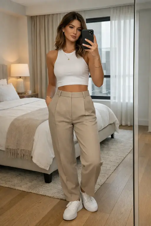 Create a high-fashion mirror photo of a young adult woman standing confidently in a luxury apartment bedroom, slight hip shift with relaxed shoulders, phone held near eye level, wearing a fitted crop top paired with high-waisted trousers, clean sneakers, minimal gold jewelry, softly tousled hair, natural window light mixed with gentle indoor lighting, neutral aesthetic background, crisp mirror reflection, realistic skin texture, polished Instagram editorial style. Use aspect ratio 4:5.