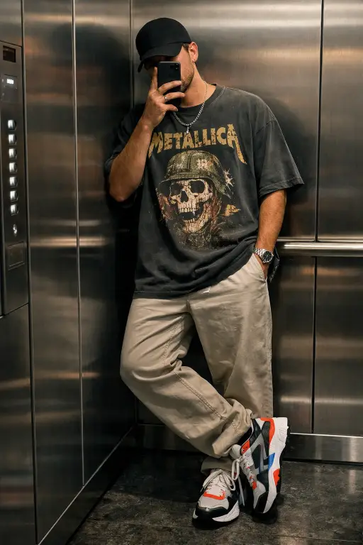 Create a trendy mirror selfie of a young adult man inside a modern elevator with brushed steel walls, casual lean with one shoulder against the wall, phone partially covering the face, wearing an oversized graphic t-shirt, straight-fit trousers, statement sneakers, watch accessory, soft moody lighting reflecting on metal surfaces, urban fashion mood, sharp details, authentic Instagram street style look. Use aspect ratio 4:5.