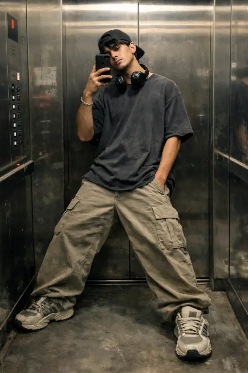 Create a viral Gen-Z mirror selfie of a young adult man in an elevator, wide relaxed stance, phone held near face, head slightly tilted, wearing a baggy t-shirt, loose cargo pants, chunky sneakers, headphones around the neck, moody artificial lighting, imperfect mirror reflections, urban raw aesthetic, high realism, trending Instagram street look. Use aspect ratio 4:5.