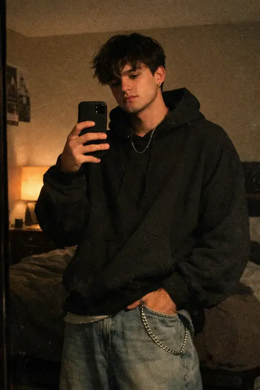 Create a viral Gen-Z mirror selfie of a young adult man in a dim bedroom at night, relaxed posture with one hand in pocket, phone held loosely, wearing an oversized black hoodie and relaxed jeans, silver chain accessory, low warm lighting from a lamp, dark moody shadows, slightly grainy texture, authentic late-night Instagram vibe. Use aspect ratio 4:5.