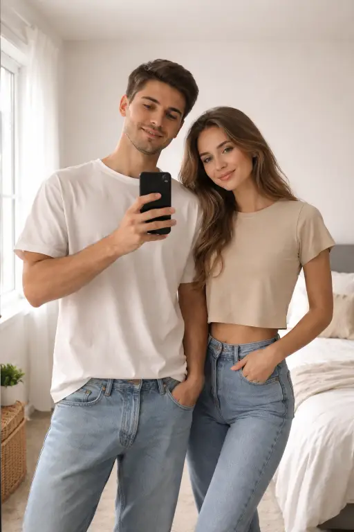 Create a natural couple mirror selfie of a young adult man and young adult woman in a clean bedroom, standing close with relaxed posture, the man holding the phone at chest level while the woman stands beside him with her arm gently touching his, both wearing casual everyday outfits with a t-shirt and jeans, soft natural daylight from a window, tidy room with neutral decor, realistic mirror reflection, balanced lighting, authentic Instagram couple photo style. Use aspect ratio 4:5.