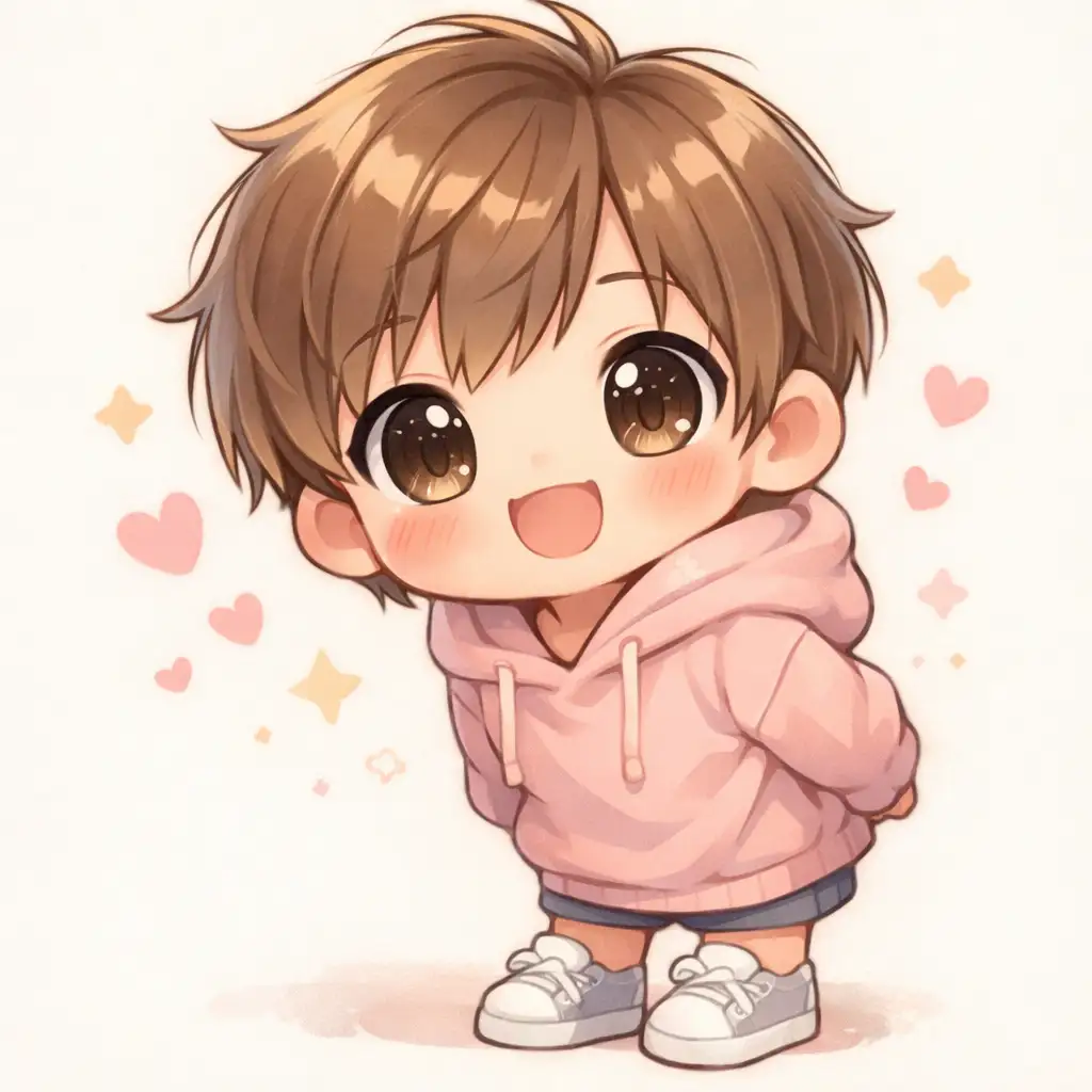 Create a cute chibi-style drawing of a cheerful young character with an oversized head, tiny body, and rounded proportions. The character has big sparkling eyes, a small button nose, and a wide happy smile. They are wearing a cozy oversized hoodie with soft folds and simple sneakers. The pose is playful, slightly leaning forward with hands behind their back. Use soft pastel colors, clean linework, gentle shading, and a simple light background with small hearts or stars to enhance the cute mood.