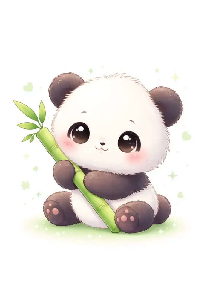 Create a kawaii illustration of a tiny baby panda sitting upright and holding a bamboo stick. The panda has a round body, short limbs, blushy cheeks, and large glossy eyes with white highlights. The fur looks soft and fluffy with smooth gradients. Use minimal outlines, pastel green and white tones, and a clean background with subtle sparkles to keep the focus on the panda's cuteness.