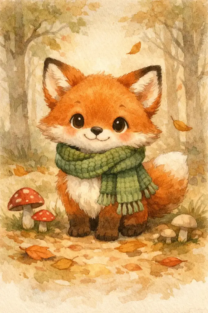 Create a cute storybook-style drawing of a small fox wearing a knitted scarf, standing in a quiet forest clearing. The fox has gentle eyes, a soft smile, and slightly exaggerated proportions that feel warm and friendly. The illustration uses watercolor-like textures, soft brush strokes, muted earthy colors, and a dreamy atmosphere. The background includes simple trees, mushrooms, and fallen leaves with a cozy, bedtime-story feel.