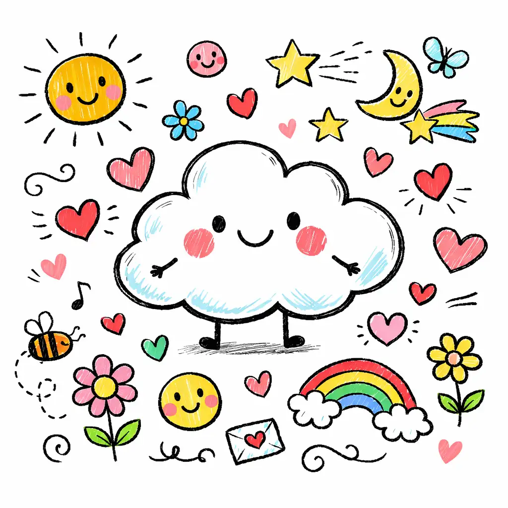 Create a cute doodle-style drawing filled with playful hand-drawn elements. In the center is a smiling cloud character with tiny arms and legs. Surround it with simple doodles like stars, suns, hearts, flowers, and small smiling faces. Use uneven sketchy lines, bright cheerful colors, and a white background. The overall look should feel spontaneous, fun, and notebook-like.