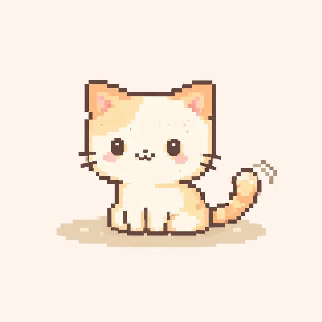 Create a cute pixel art drawing of a small cat sitting and wagging its tail. The cat has a square head, tiny pixel ears, and simple dot eyes with a tiny smile. Use a limited pastel color palette and visible pixel blocks. The background is minimal, with a soft solid color or a simple pixel floor to maintain a retro video game aesthetic.