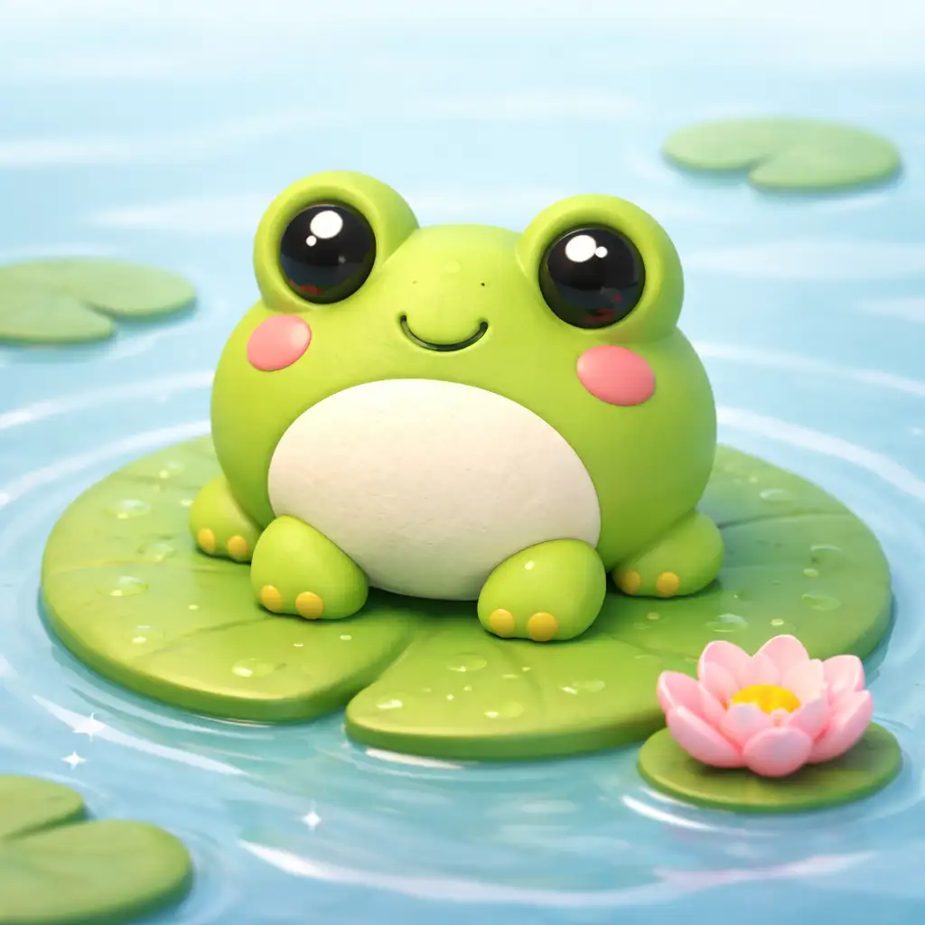 Create a cute clay-style drawing of a round little frog sitting on a lily pad. The frog has smooth, slightly shiny surfaces like soft modeling clay, with stubby legs and big protruding eyes. The colors are bright yet soft, with gentle lighting and subtle shadows to show depth. The background is simple water with soft ripples to keep the focus on the frog.