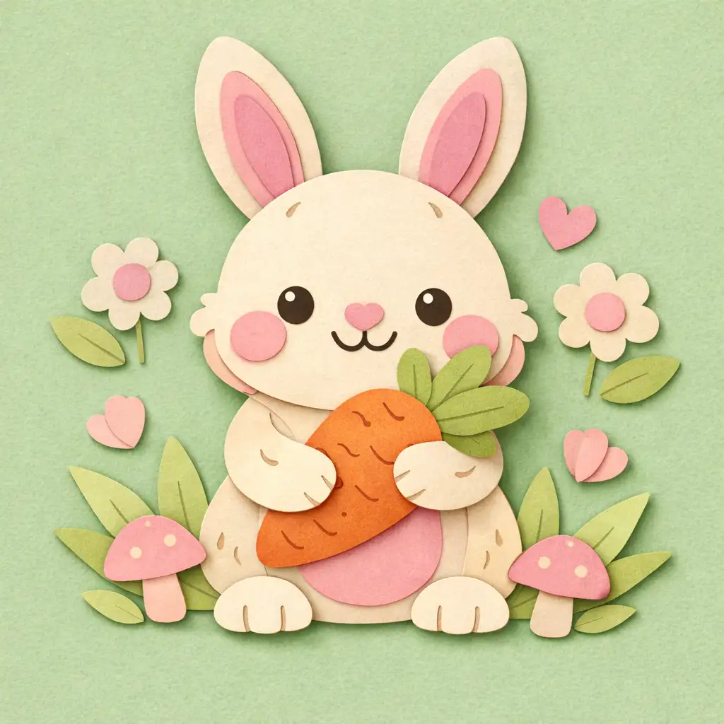 Create a cute paper-cut style drawing of a smiling bunny holding a carrot. The bunny is made of layered paper shapes with visible cut edges and soft drop shadows between layers. Use pastel pinks, creams, and light greens. The background is a flat solid color with subtle paper texture, giving the illustration a handcrafted, layered look.