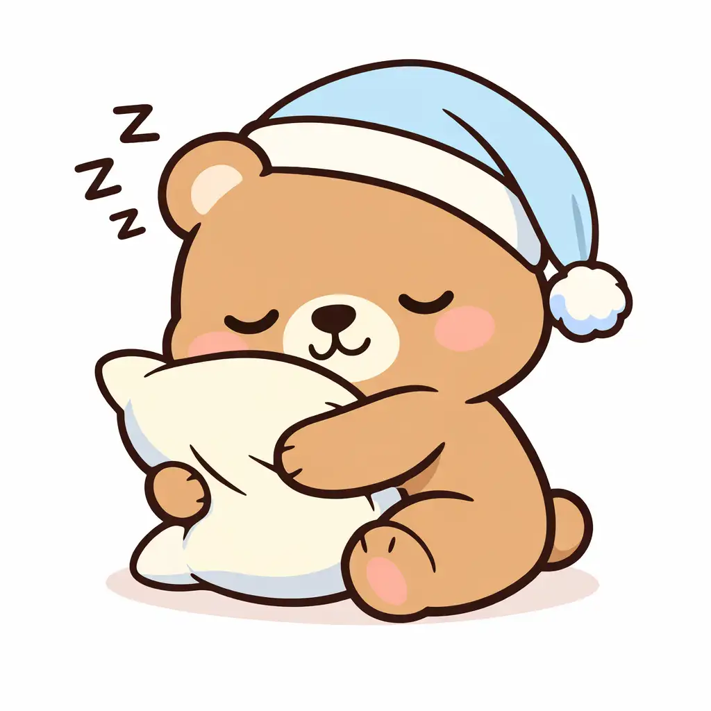 Create a cute cartoon line art drawing of a sleepy bear wearing a nightcap and hugging a pillow. Use bold, clean outlines with minimal detail and smooth curves. Add soft pastel coloring with flat fills and very light shading. The background is simple and uncluttered, focusing entirely on the bear's relaxed and adorable expression.