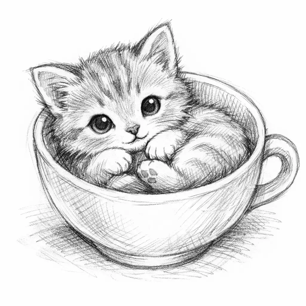Create a cute pencil sketch of a small kitten curled up inside a teacup. The lines are soft and slightly rough, with visible hand-drawn strokes and gentle cross-hatching for shading. The kitten has large innocent eyes, tiny paws tucked inward, and a calm, cozy expression. The drawing is monochrome graphite with light smudging and a clean white paper background.
