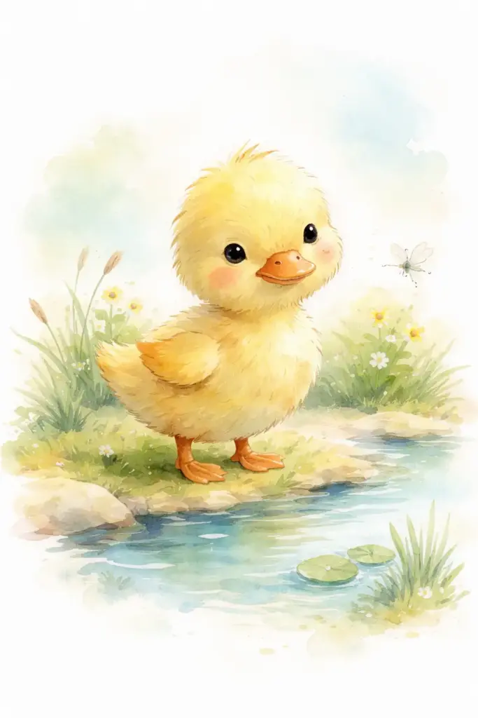 Create a cute watercolor illustration of a baby duck standing near a small pond. The duck has a round body, tiny wings, and a soft curious expression. Use loose brush strokes, flowing edges, and gentle color bleeds. The colors are warm yellows, soft blues, and light greens. The background is minimal and airy, with subtle watercolor textures and no hard outlines.