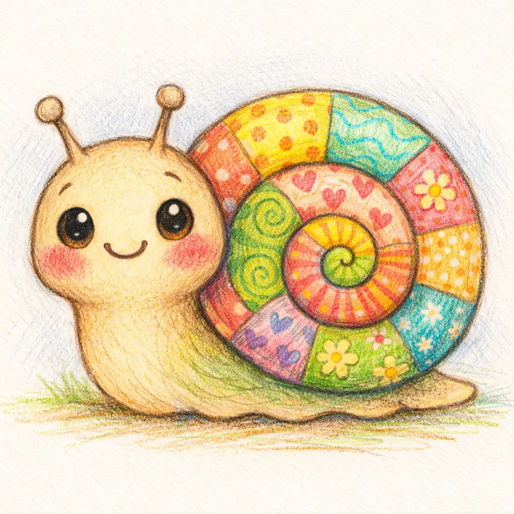 Create a cute colored pencil drawing of a smiling snail with a patterned shell. The lines are slightly grainy, showing pencil texture clearly. Use layered coloring with soft pressure variations for depth. The snail has rosy cheeks, big eyes, and tiny antennae. The background is light and simple, with faint pencil shading to keep attention on the character.