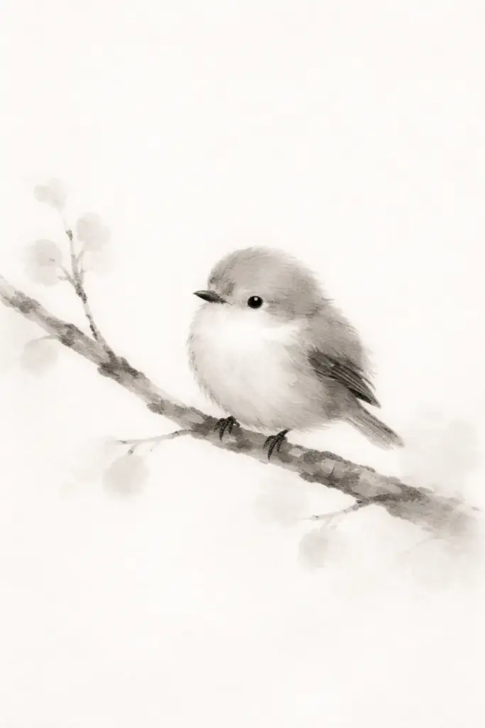Create a cute ink wash drawing of a tiny bird perched on a thin branch. The bird has a round body, short beak, and gentle expression. Use diluted black ink with soft gradients, light brush strokes, and subtle tonal variations. Minimal details, lots of white space, and a calm, peaceful mood similar to traditional ink paintings.