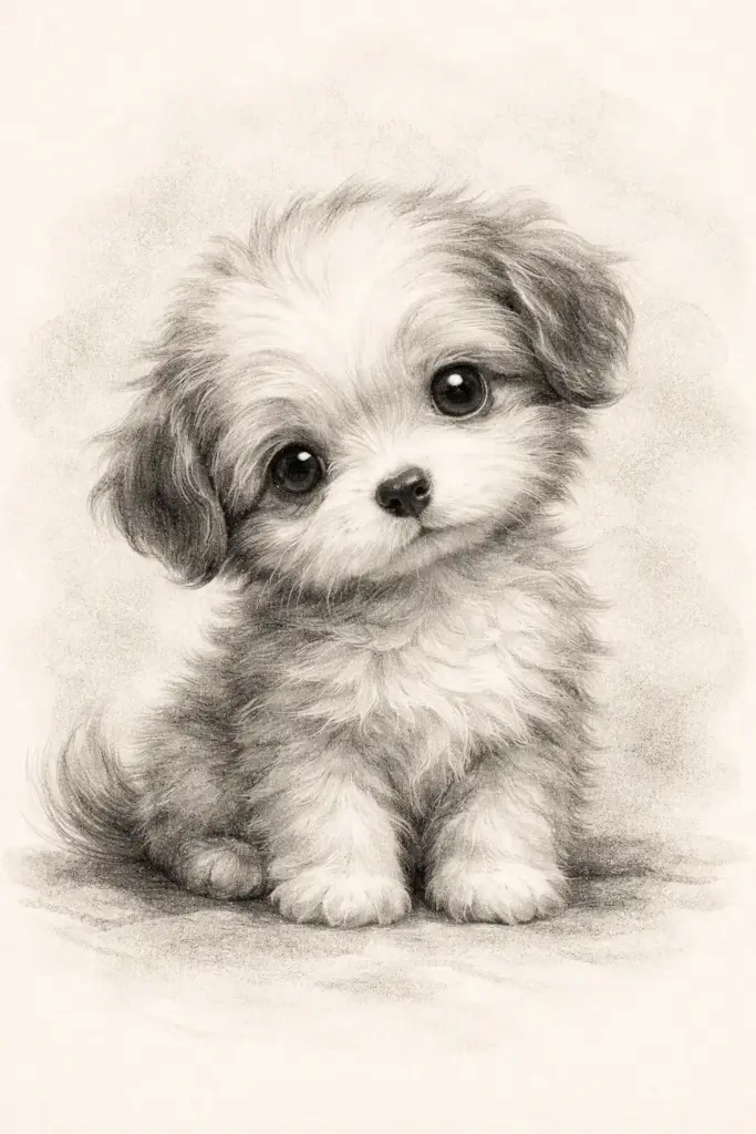 Create a cute charcoal drawing of a fluffy puppy sitting with its head slightly tilted. The puppy has oversized eyes, soft fur texture, and a shy expression. Use smudged charcoal shading, soft edges, and gentle contrast. The background is rough and lightly shaded, giving a warm handmade feel without harsh darkness.