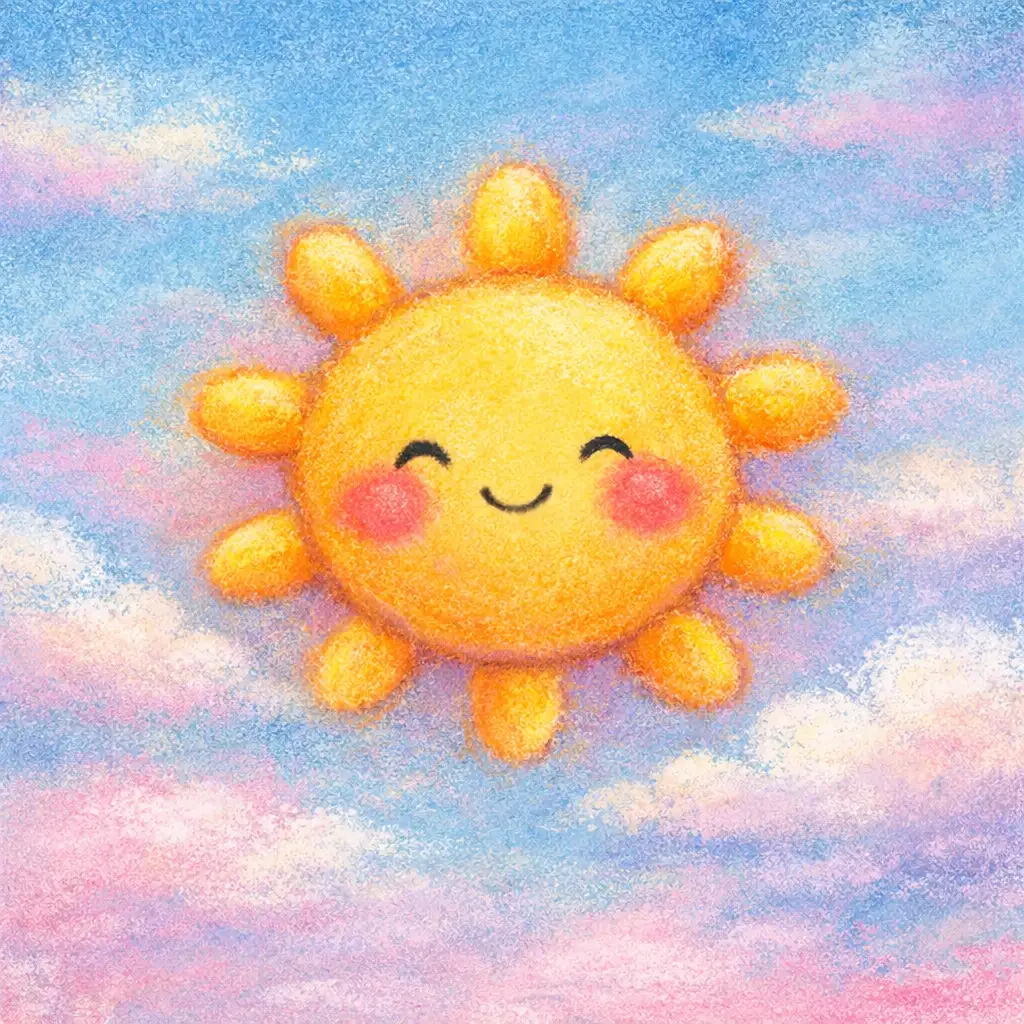 Create a cute pastel chalk drawing of a smiling sun floating in the sky. The sun has rounded rays, a soft face, and blushy cheeks. Use chalky textures, blended colors, and visible grain. The sky is made of softly layered pastel blues and pinks, with cloud shapes lightly smudged for a dreamy look.