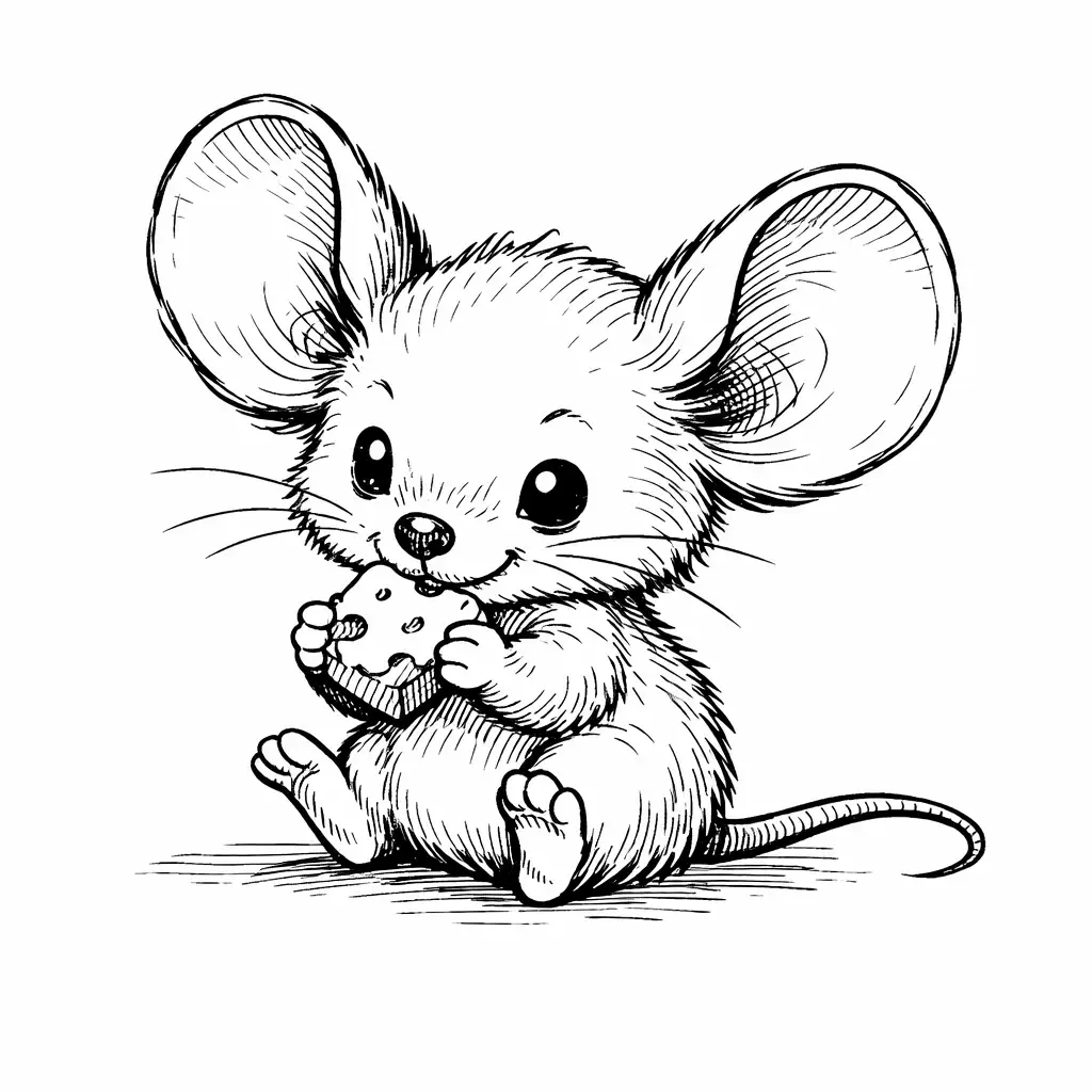 Create a cute pen-and-ink drawing of a tiny mouse holding a crumb of cheese. Use clean black ink lines with simple contour work and light hatching for shadows. The mouse has exaggerated ears, a small nose, and a playful posture. The background is mostly blank, keeping the illustration crisp and charming.