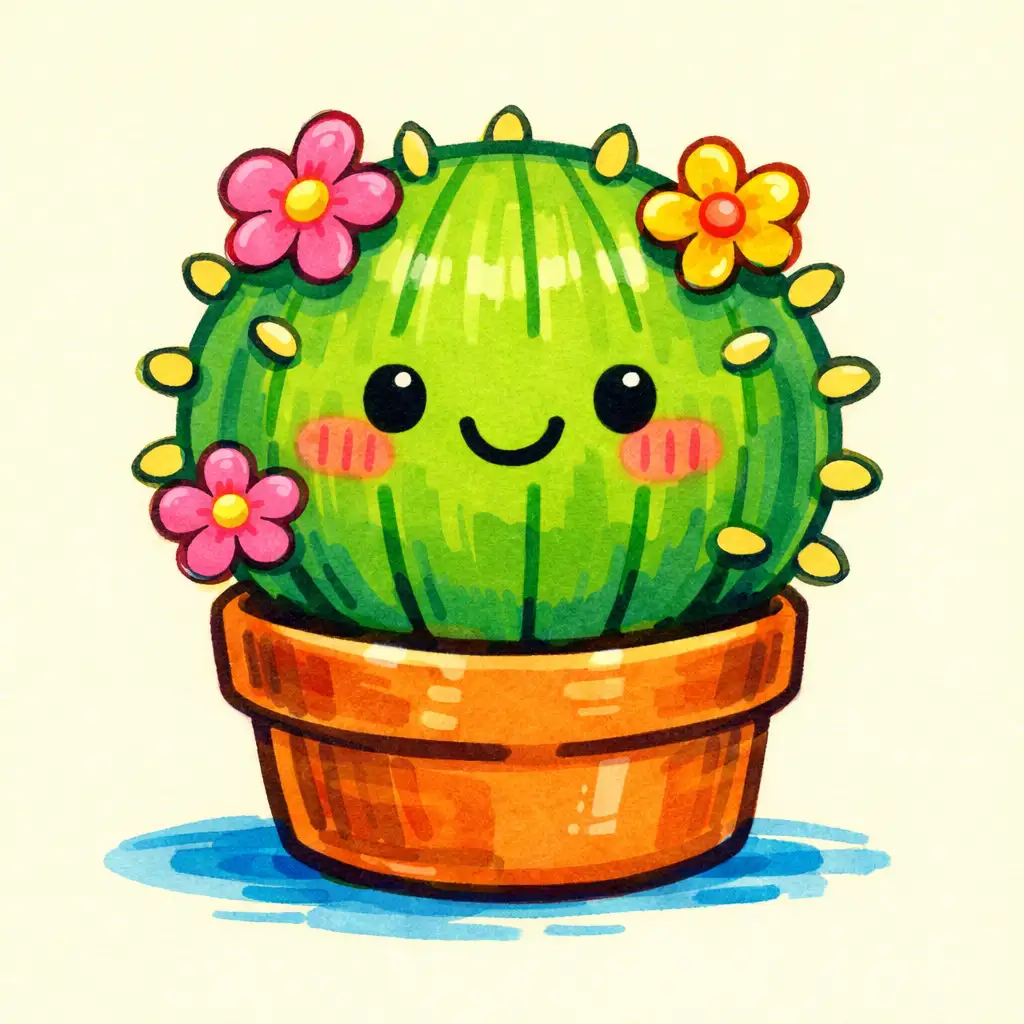Create a cute marker drawing of a smiling cactus in a small pot. The colors are bold but soft, with visible marker strokes and slight overlaps. The cactus has tiny flowers, simple facial features, and rounded spikes. The background is flat and minimal, making the character feel bright and cheerful.
