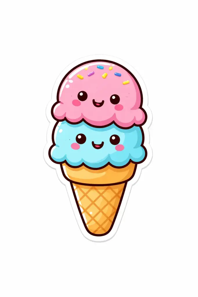 Create a kid-friendly sticker-style drawing of a smiling ice cream cone. The ice cream has two scoops. Use bold outlines, flat bright colors, and clean shapes. The character looks like a fun sticker placed on a white background.