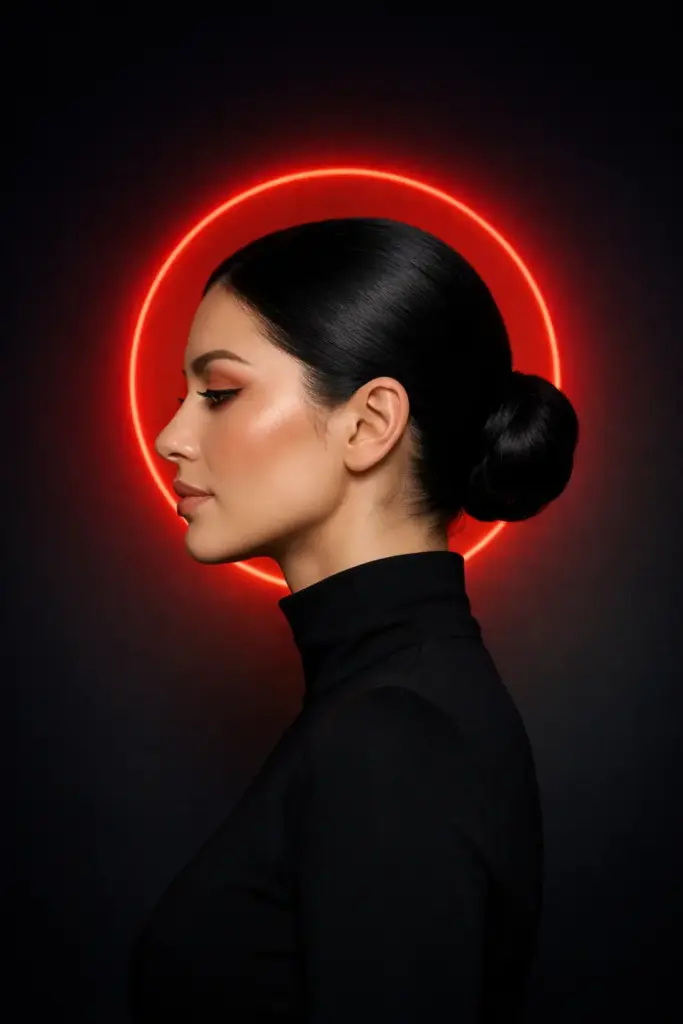 Create a photorealistic studio portrait of a woman shown in a clean left-facing side profile with sleek jet-black hair neatly pulled into a low bun and a smooth polished finish, wearing minimal elegant makeup with soft peach eyeshadow, subtle eyeliner, natural lashes, warm blush, and nude matte lips, her skin appearing flawless with soft highlights along the cheekbones and nose, dressed in a fitted black high-neck top for a refined modern look, set against a deep dark gradient background with a glowing circular red halo positioned directly behind her head for strong graphic contrast, lit with soft directional studio lighting that gently defines facial contours while keeping shadows smooth and controlled, creating a calm, elegant, cinematic editorial mood with sharp focus, high resolution, and professional studio quality, use aspect ratio 4:5.