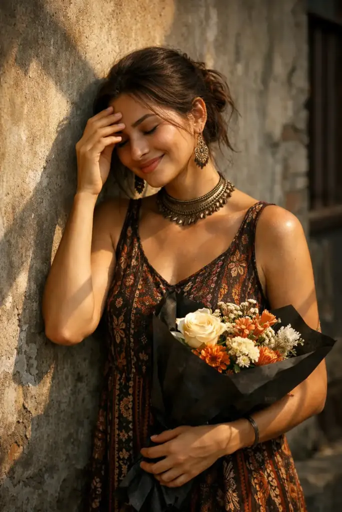 Create a candid lifestyle portrait of a woman standing against a textured, weathered wall in warm natural sunlight, captured in a vertical frame as she smiles softly with her eyes closed and gently touches her forehead, expressing a relaxed, joyful, and intimate moment, her hair tied back loosely with soft strands framing her face, wearing a sleeveless patterned dress with rich earthy tones and traditional motifs, styled with layered metallic chokers, statement earrings, and minimal makeup that feels natural and radiant, holding a bouquet of flowers wrapped in dark paper that adds contrast and story to the scene, dramatic sunlight falling diagonally across her face and outfit to create deep shadows and highlights, with a rustic urban background kept slightly subdued, styled in an editorial lifestyle aesthetic with natural colors, realistic textures, shallow depth of field, and an emotional, warm, authentic mood, use aspect ratio 4:5.