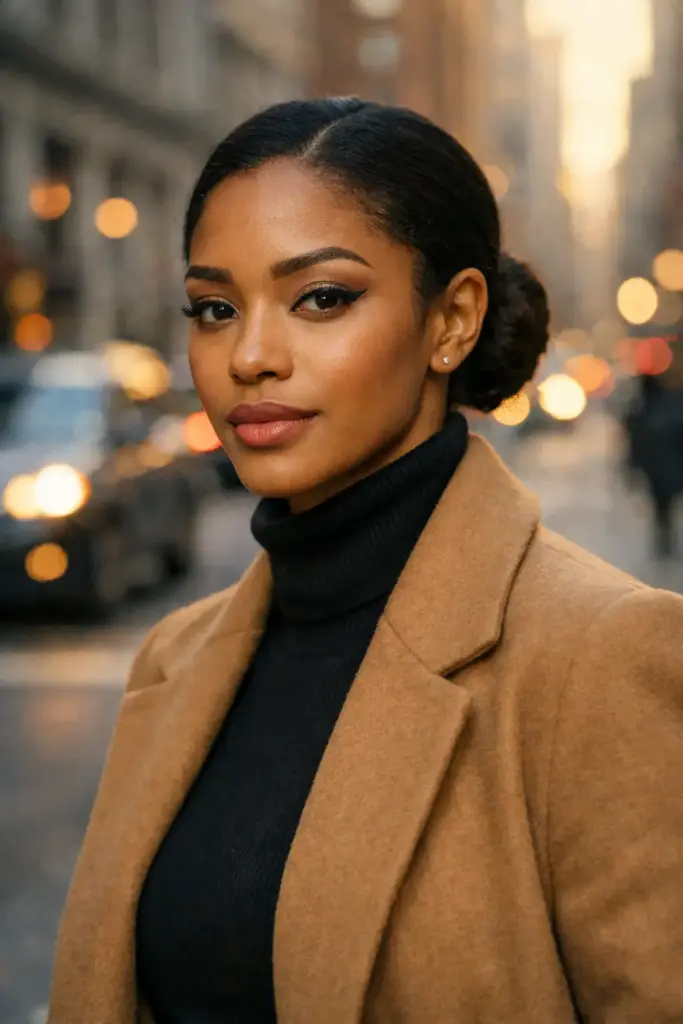 Create a cinematic urban fashion portrait of a woman captured outdoors on a city street during golden hour, framed in a close-up three-quarter view as she looks calmly toward the camera with a composed, confident expression, her hair neatly styled into a sleek low bun with natural texture, wearing a camel-colored wool coat layered over a fitted black turtleneck for a timeless winter look, makeup kept refined with defined eyeliner, soft contouring, and muted rose lips, warm diffused daylight illuminating her face while blurred city buildings and passing cars form a creamy bokeh background with glowing highlights, shot with a shallow depth of field to keep facial details sharp and skin texture realistic, styled in an editorial fashion photography aesthetic with natural tones, subtle contrast, elegant mood, and professional high-resolution clarity, use aspect ratio 4:5.