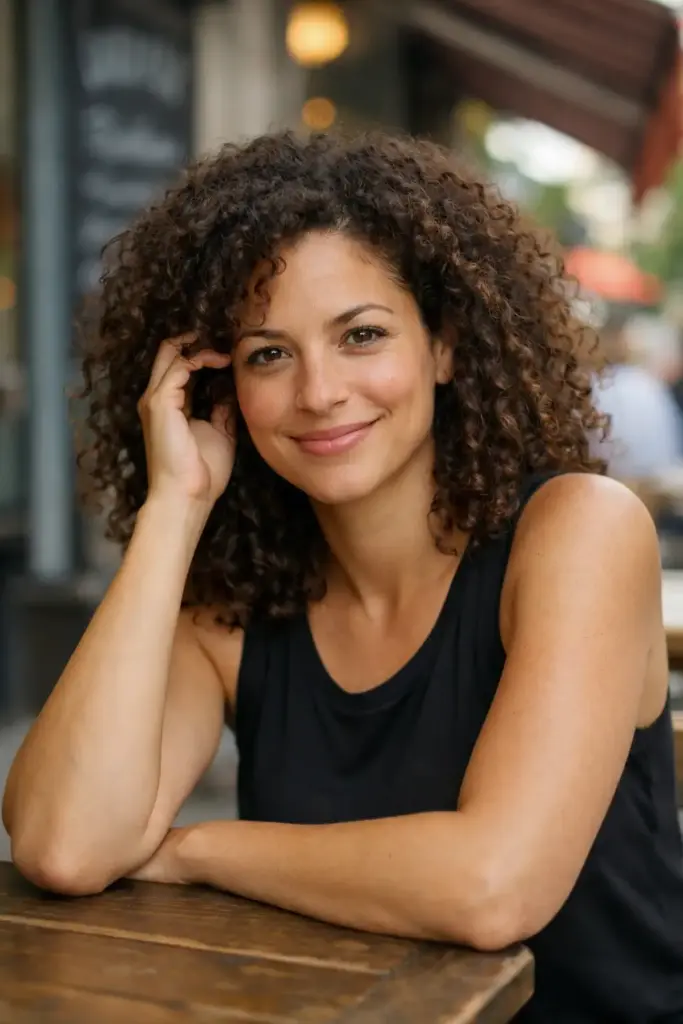 Create a natural lifestyle portrait of a woman seated at an outdoor café table, framed in a medium close-up as she leans forward casually with one arm resting on the table and her hand gently touching her hair, looking directly at the camera with a warm, relaxed smile, her voluminous curly hair worn loose with soft natural texture, wearing a simple dark sleeveless top that keeps the focus on her face and expression, minimal makeup with natural skin tones and soft lips, daylight illuminating her evenly for a fresh, authentic feel, with a softly blurred urban café background including subtle signage and muted colors, shallow depth of field isolating the subject while keeping the scene lively, styled in a candid editorial lifestyle aesthetic with realistic skin texture, balanced colors, and an approachable, everyday mood, use aspect ratio 4:5.