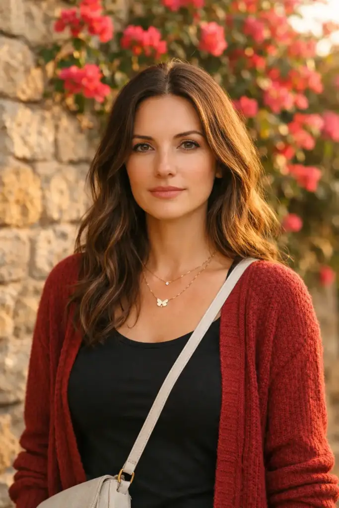 Create a natural outdoor portrait of a woman standing in front of a sunlit stone wall covered with vibrant pink and red bougainvillea flowers, framed in a vertical composition as she looks directly at the camera with a calm, composed, and slightly introspective expression, her long wavy hair worn loose with natural texture and soft highlights from the sunlight, wearing a black fitted top layered with a deep red knitted cardigan for warm contrast, accessorized with delicate layered necklaces including a small butterfly and heart pendant and a white crossbody bag, minimal makeup with natural skin tones and softly defined lips, golden-hour sunlight illuminating her face evenly while casting gentle shadows that add depth, with the floral background softly blurred to keep focus on the subject, styled in a relaxed lifestyle and travel aesthetic with realistic textures, balanced colors, and a warm, serene mood, use aspect ratio 4:5.