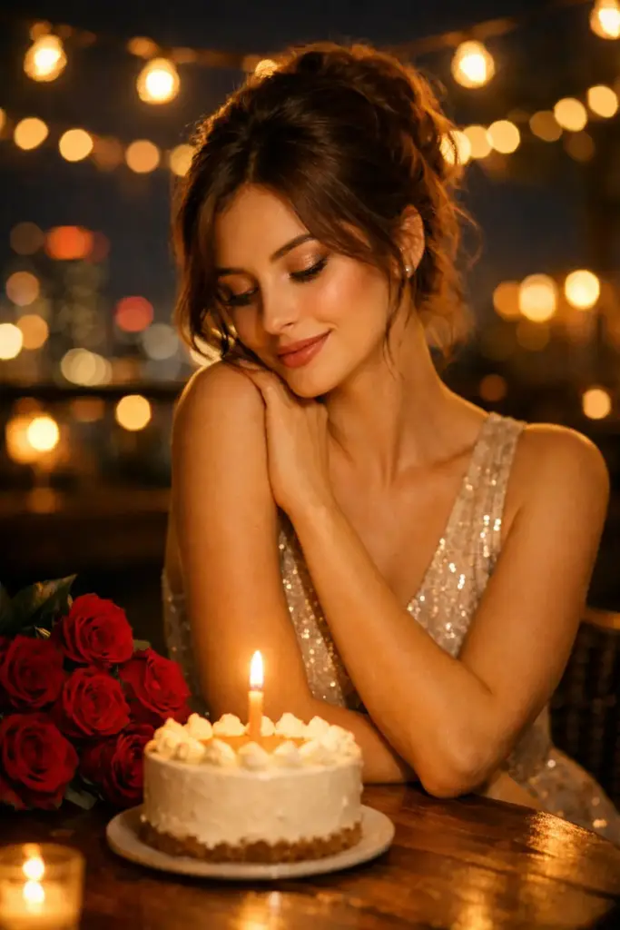 Create a soft romantic outdoor portrait of a woman standing in a sunlit park surrounded by greenery and blurred trees, captured in a vertical frame as she gently holds a bouquet of fresh red roses and looks off to the side with a warm, joyful smile, her dark hair styled in a neat low bun with loose strands framing her face, wearing a sleeveless black dress with a simple elegant silhouette that contrasts beautifully with the vivid flowers, minimal natural makeup enhancing her features, subtle jewelry and small details adding character without distraction, natural daylight illuminating her skin evenly with soft highlights and gentle shadows, shallow depth of field creating a creamy green bokeh background, styled in a serene lifestyle and romantic aesthetic with realistic textures, balanced colors, and a calm, graceful mood, use aspect ratio 4:5.