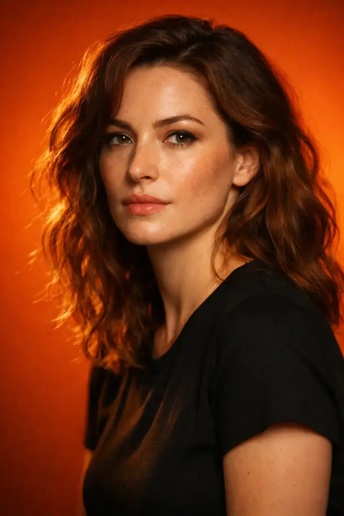 Create a romantic nighttime lifestyle portrait of a woman seated at an outdoor rooftop table, captured in a vertical frame under warm ambient lighting, as she gently rests her chin near her shoulder and looks down with a soft, content smile, her hair styled in an elegant loose updo with delicate strands framing her face, wearing a subtle shimmery sleeveless dress that reflects the warm light, minimal refined makeup with softly defined eyes and muted rose lips, a bouquet of deep red roses placed beside her on the table, and a small celebration cake with a single lit candle glowing in the foreground, warm candlelight illuminating her skin with a gentle golden glow while blurred city lights and string lights create a dreamy bokeh background, shallow depth of field keeping the subject crisp and intimate, styled in a cinematic romantic aesthetic with cozy tones, realistic textures, and an intimate, celebratory mood, use aspect ratio 4:5.