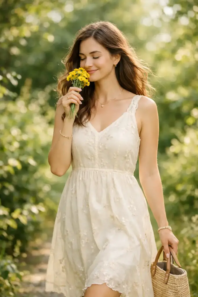 Create a soft romantic outdoor portrait of a woman walking through a lush green garden filled with natural foliage, captured in a vertical frame as she gently holds a small bouquet of bright yellow flowers close to her face with her eyes closed, expressing calm, joy, and quiet contentment, her hair worn loose and softly flowing with natural movement, wearing a light cream sleeveless summer dress with delicate embroidery and subtle floral patterns that feels airy and elegant, minimal natural makeup enhancing her fresh look, simple jewelry adding a delicate touch, and a small handbag held casually in one hand, natural daylight filtering through the greenery to create soft highlights and a dreamy glow, shallow depth of field producing a smooth green bokeh background, styled in a serene lifestyle and nature-inspired aesthetic with realistic textures, balanced colors, and a peaceful, graceful mood, use aspect ratio 4:5.