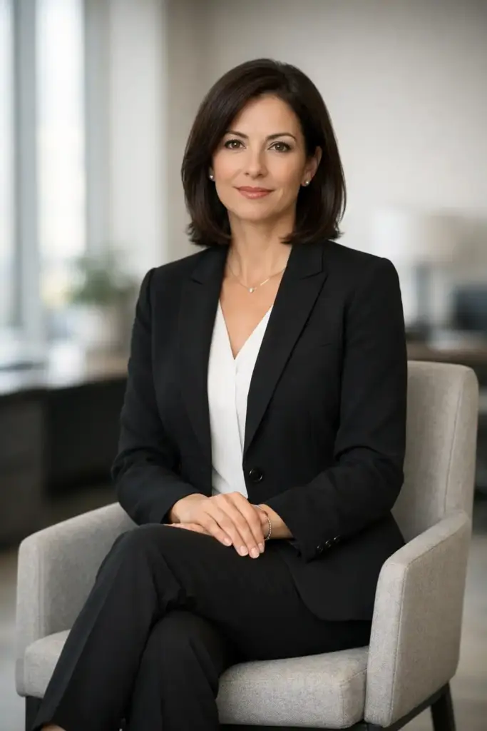 Create a professional executive portrait of an adult woman seated straight on a modern chair with proper posture, legs crossed neatly at the ankles and hands gently resting on her lap, wearing a tailored black blazer with a white blouse and matching formal trousers, minimal silver jewelry, sleek shoulder-length hair neatly styled, natural professional makeup, calm and confident facial expression, soft window light from one side creating subtle depth, clean office background with gentle blur, realistic tones, polished business photography look. Use aspect ratio 4:5.