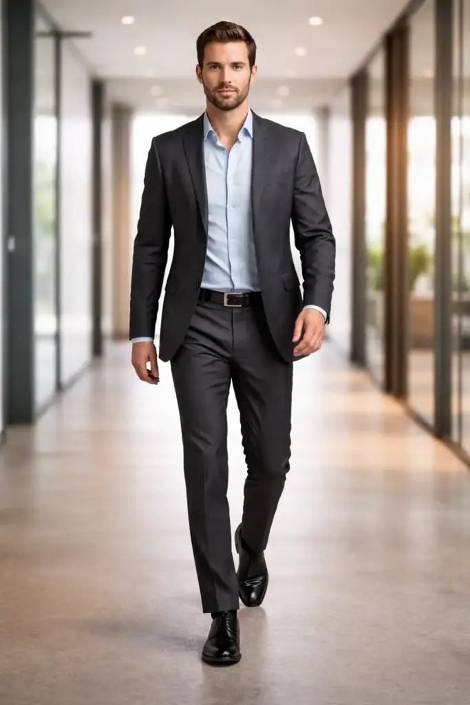 Create a professional business lifestyle portrait of an adult man walking forward with steady confident posture, arms relaxed naturally, wearing a charcoal gray suit paired with a light blue dress shirt and no tie for a modern professional appearance, black leather dress shoes, well-groomed hair, trimmed beard, focused yet approachable expression, contemporary office corridor background with soft blur, natural daylight balanced with ambient lighting, sharp details, premium corporate branding photography style. Use aspect ratio 2:3.