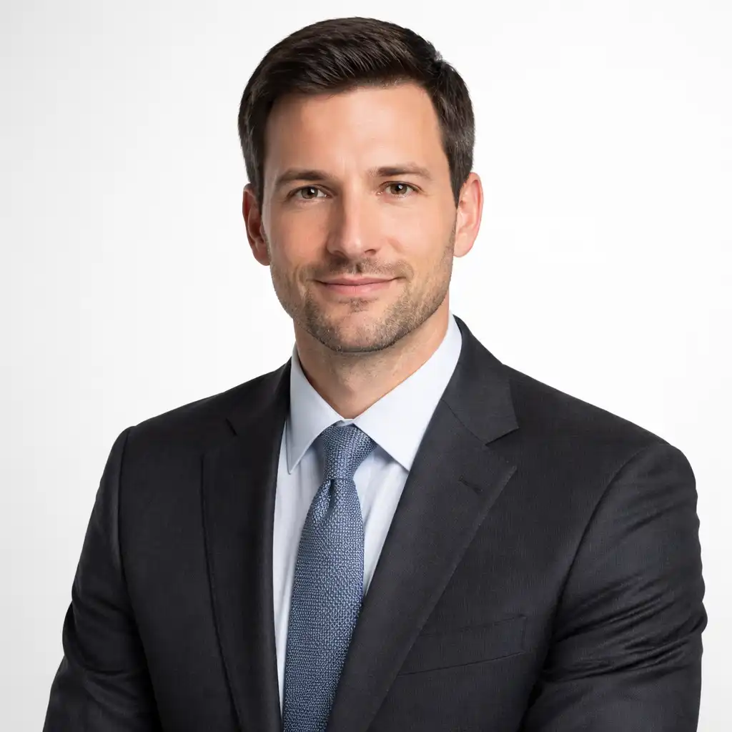 Create a professional corporate headshot of an adult man seated upright with squared shoulders and relaxed neck posture, wearing a dark gray suit jacket over a white dress shirt and a subtle patterned tie, hair neatly combed, light stubble well groomed, slight professional smile, evenly diffused studio lighting, plain white background, shallow depth of field, clean modern business headshot style. Use aspect ratio 1:1.