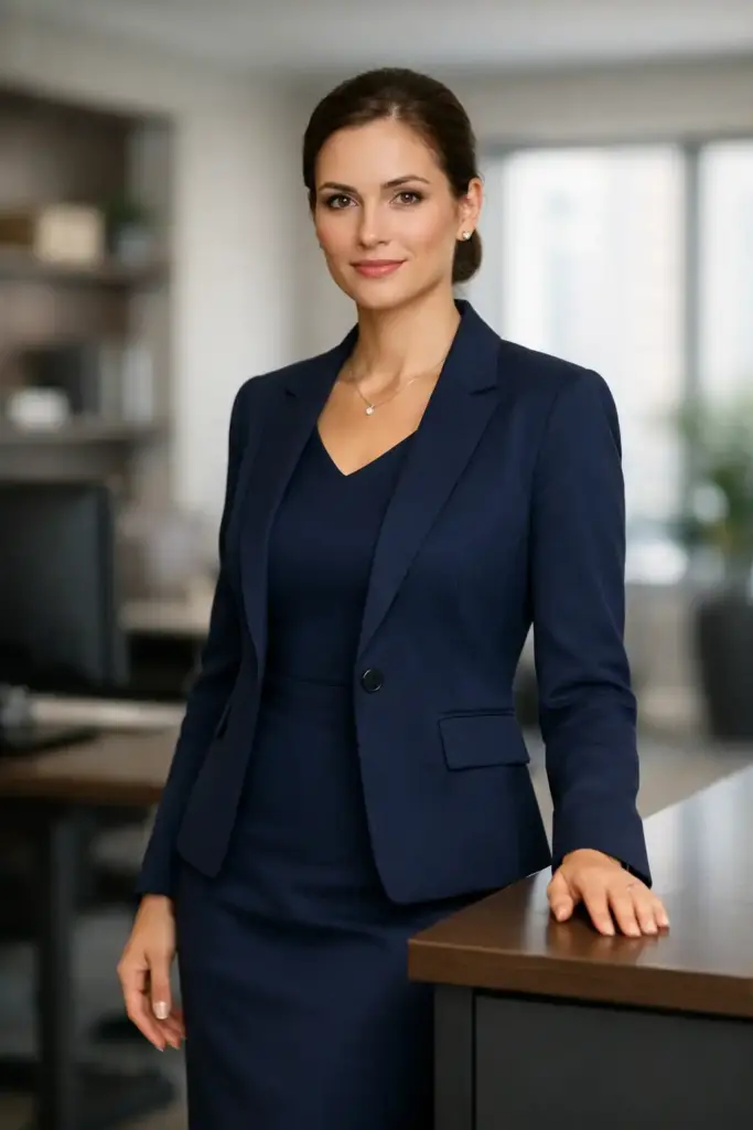 Create a professional office portrait of an adult woman standing beside a desk with straight posture, one hand resting lightly on the desk and the other relaxed at her side, wearing a navy blue formal dress paired with a structured blazer, minimal jewelry, neatly styled hair pulled back, professional calm expression, soft indoor lighting, modern office background with subtle blur, realistic skin tones, premium corporate photography quality. Use aspect ratio 3:4.