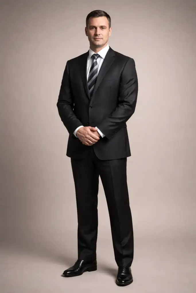 Create a professional executive portrait of an adult man standing straight with shoulders squared and feet firmly planted, both hands lightly clasped in front, wearing a dark charcoal business suit with a crisp white dress shirt and a muted striped tie, polished black leather shoes, neatly trimmed haircut, clean-shaven face, serious yet approachable expression, soft studio lighting with gentle shadows defining facial structure, seamless neutral backdrop, ultra-realistic skin texture, premium corporate photography style. Use aspect ratio 3:4.