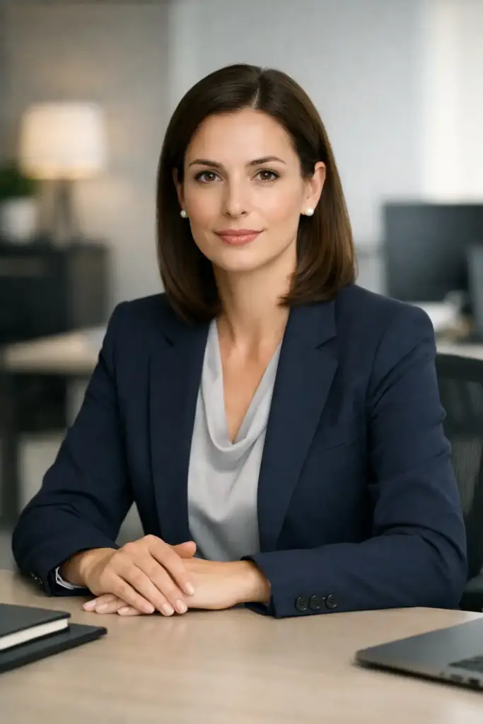 Create a professional corporate portrait of an adult woman seated at a modern office desk with an upright posture, hands neatly folded on the desk surface, wearing a tailored navy blazer over a light gray silk blouse and matching formal trousers, minimal pearl earrings, sleek straight hair tucked behind the ears, natural professional makeup, calm confident gaze directed at the camera, soft balanced office lighting, blurred contemporary workspace background, realistic color tones, high-end business editorial look. Use aspect ratio 4:5.